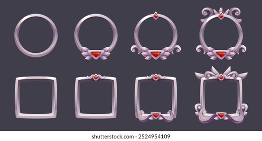 Fantasy medieval ui border. Metal frame design for rpg interface. Silver label with gem stone and ornament decoration. Vintage avatar rank graphic gui set. Empty royal banner in circle or square shape