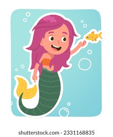 Fantasy mermaid cartoon character sticker. Smiling beautiful mermaid woman person swimming with sea fish underwater. Cute marine fairy tale creature, ocean mythology concept flat vector illustration