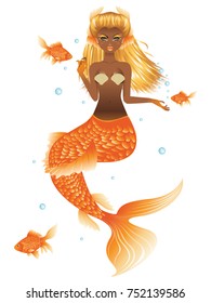 Fantasy mermaid with dark skin, orange tail and long blonde hair.