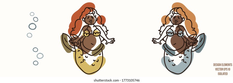 Fantasy mermaid gender neutral baby illustration clipart. Simple whimsical minimal earthy 2 tone color. Kids nursery room decor print or cartoon animal line art sticker.