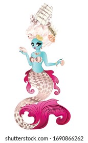 Fantasy mermaid with rococo hairstyle and seashells design.