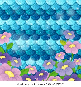 Fantasy mermaid scale pattern with many flowers illustration