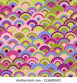 Fantasy mermaid scales squama background, vector seamless fabric pattern, tiled textile print. Typical chinese squama scales seamless arc tiles graphics. Reptile animal skin pattern.