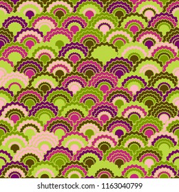 Fantasy mermaid scales squama background, vector seamless fabric pattern, tiled textile print. Typical chinese squama scales seamless arc tiles motif. Iguana skin pattern.
