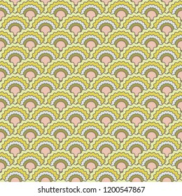 Fantasy mermaid scales squama background, vector seamless fabric pattern, tiled textile print. Vintage japanese squama scales seamless arc tiles mosaic. Reptile animal skin pattern.