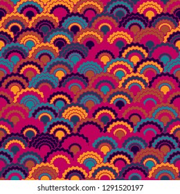 Fantasy mermaid scales squama background, vector seamless fabric pattern, tiled textile print. Vintage chinese squama scales seamless arc tiles ornament. Siren skin pattern.