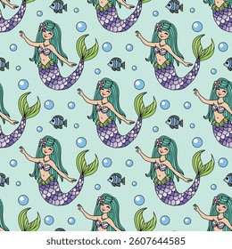 Fantasy mermaid seamless vector pattern for fabric design, wallpaper, wraping paper.