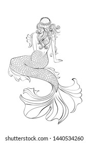 Fantasy mermaid sitting, view from back, abstract illustration.