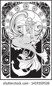 Fantasy Mermaid Sitting, Vintage Art Nouveau Design Illustration.