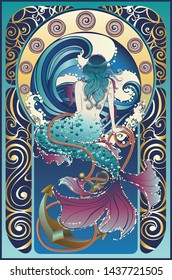 Fantasy mermaid sitting, vintage art nouveau design illustration.