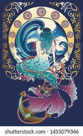 Fantasy mermaid sitting, vintage art nouveau design illustration.