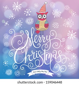 Fantasy Merry Christmas card in vector. Cute stylish owl in hat on Merry Christmas text on bright bokeh background in blue colors
