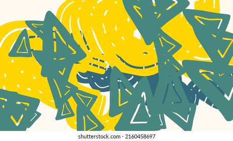 Fantasy messy doodle geometric shapes background. Abstract card, layout with triangles.