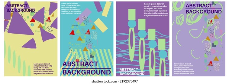 Fantasy messy doodle geometric shapes backgrounds. Abstract cards, layouts. Creative landing page or business background. Advertisement cover.