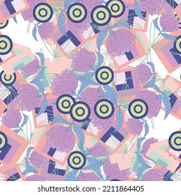 Fantasy messy freehand doodle geometric shapes and flowers seamless pattern.  Infinity ditsy scribble abstract card, layout. Creative background. Textile, fabric, wrapping paper.