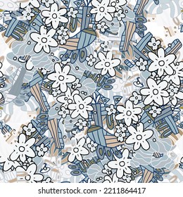 Fantasy messy freehand doodle geometric shapes and flowers seamless pattern.  Infinity ditsy scribble abstract card, layout. Creative background. Textile, fabric, wrapping paper.