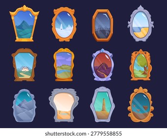 Fantasy mirrors. Magic game mirror assets in wooden, golden, silver frames. Fortune telling magical glass with cartoon tale worlds, sapid vector clipart