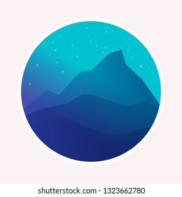 Fantasy misty night, mountains landscape simple flat clipart illustration. Futuristic neon glowing vector cliffs on starry sky background. Graphic design template for modern banner, poster, flyer, web