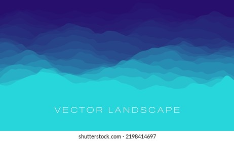 Fantasy Mobile Game Blue Wide Landscape Background. Bright Synthwave Vaporwave Mountains Design. Panoramic Landscape Game View. Vector Illustration