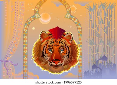 Fantasy modern art mural wallpaper with tigers head and eastern landscape. Dreamful tiger looking out of gold window. Golden fairy tale background. Illustration of old Arabian legend.