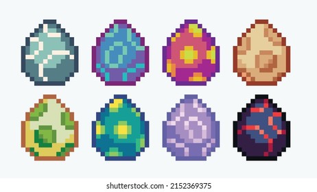 Fantasy Monster Eggs Pixel Art Set. Magical, Dragon Or Dinosaur Egg Collection. 8 Bit Sprite. Game Development, Mobile App.  Isolated Vector Illustration.