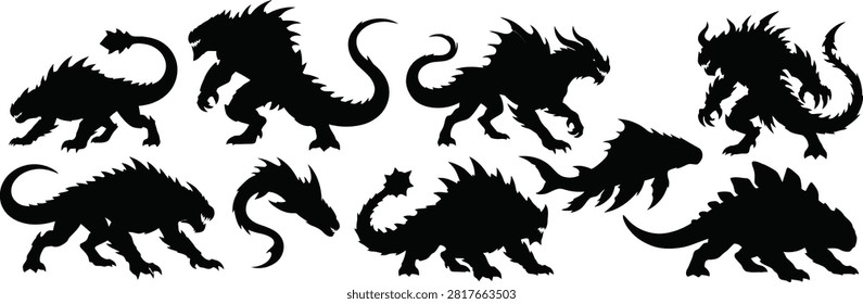 Fantasy monster silhouettes collection with dragon-like creatures, reptilian beasts, and mythical character design concepts