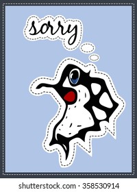 Fantasy monster with thinking bubble. Apologize card in blue