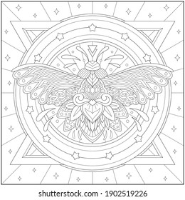 Fantasy moth with circle and triangle decoration background. Learning and education coloring page illustration for adults and children. Outline style, black and white drawing
