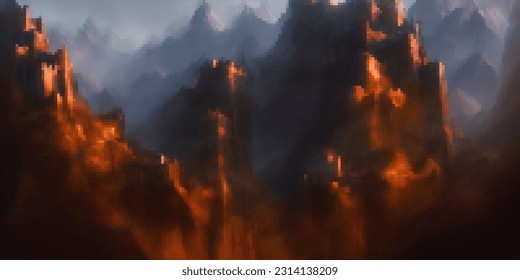 Fantasy mountain fortress. Vector pixelated illustration. Pixel design. 