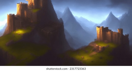 Fantasy mountain fortress. Vector pixelated illustration. Pixel design. 