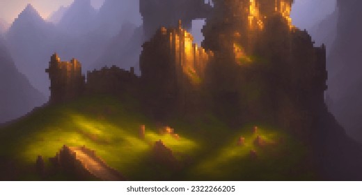 Fantasy mountain fortress. Vector pixelated illustration. Pixel design. 