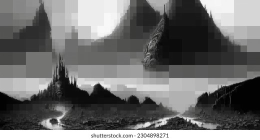 Fantasy mountain landscape. Vector pixelated illustration. Rectangular design.
