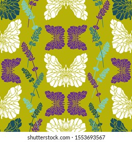 Fantasy multi-colored small and large butterflies on a green background. Stencil of purple, white, blue and green butterflies with lavender flowers. Seamless pattern. The pattern is suitable for texti