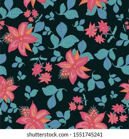 Fantasy multicolored vector seamless pattern with motif tropical flowers. Chintz stylized floral repeat dark background.Oriental folk design for wallpaper, textile, blanket, clothing, wrapper, prints.