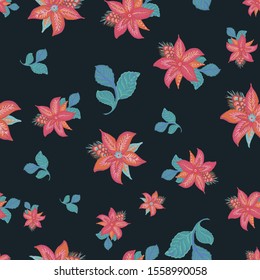 Fantasy multicolored vector seamless pattern with motif tropical flowers. Chintz stylized floral repeat dark background.Oriental folk design for wallpaper, textile, blanket, clothing, wrapper, prints.