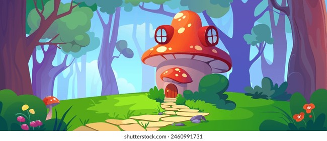 Fantasy mushroom house background banner in cartoon design. Gnome home with poisonous amanita exterior, fly agaric cottage with pathway to door in summer forest trees. Vector cartoon illustration