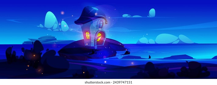 Fantasy mushroom house of elf or fairy animal on sea or ocean shore at night under moonlight. Cartoon magic landscape with cute tiny gnome cottage made of fungus with light in windows on beach.