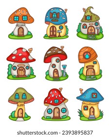 Fantasy mushroom house. Forest fairy home. Food with doors and windows. Hand drawn style. Vector drawing. Collection of design elements.