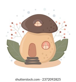 Fantasy mushroom house with plants on white background