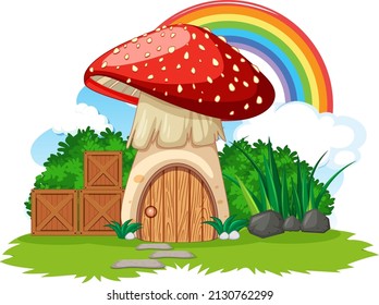 Fantasy mushroom house with rainbow in the sky  illustration