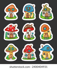 Fantasy mushroom house. Sticker Bookmark. Forest fairy home. Food with doors and windows. Hand drawn style. Vector drawing. Collection of design elements.