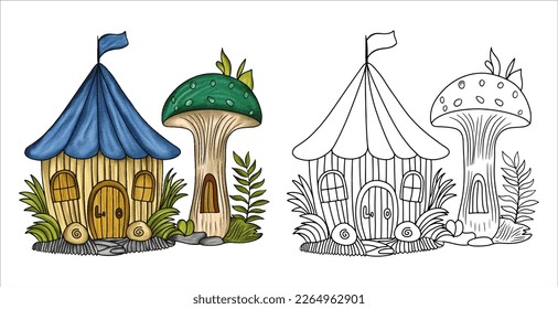 Fantasy Mushroom House Watercolor Vector Illustration With Line Art