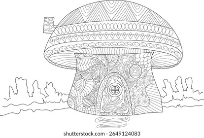 Fantasia Cogumelos Casa Zentangle Line Art. Detalhado Fairytale Casa para adultos e crianças colorir livros, Relaxamento.