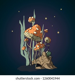 Fantasy mushroom illustration with cartoon 3d fungus. Poisones amanitas. Woodland tales  in night forest.