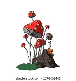 Fantasy mushroom illustration with cartoon 3d fungus. Poisones amanitas. Woodland tales.