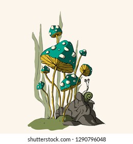 Fantasy mushroom illustration with cartoon 3d fungus. Poisones amanitas. Woodland tales.