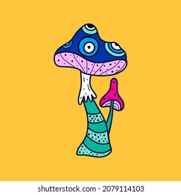Setas de fantasía aisladas en el fondo. Estilo psicodélico. Ilustraciones vectoriales de color en forma de caricatura.