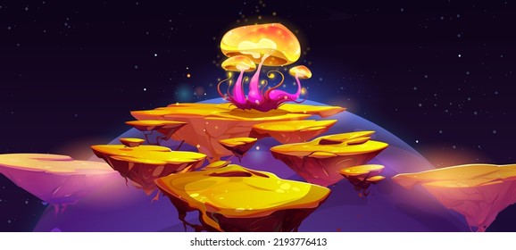 Fantasy mushroom on flying island in space. Cartoon alien magic plant at starry universe with huge purple planet sphere. Landscape for game with unusual extraterrestrial fungus, Vector illustration