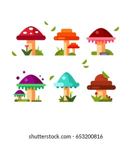 Fantasy mushroom set icons in flat style. Big collection mushroom vector symbol stock illustration. Set of game environment elements with colorful mushrooms.