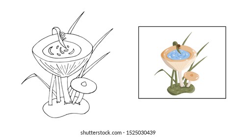 Fantasy mushroom vector set. Outline style, fantasy plant  isolated on white. Coloring book for children. Game and education. Botanical coloring pages. Snail drinking in the lake